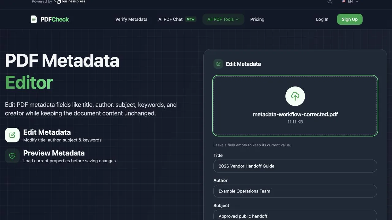 PDFCheck Metadata Editor showing the corrected PDF reopened with title 2026 Vendor Handoff Guide, author Example Operations Team, and subject Approved public handoff