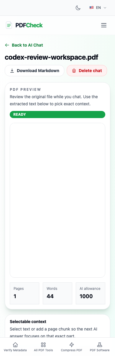 Mobile view of PDFCheck AI PDF chat with document review controls and chat messages