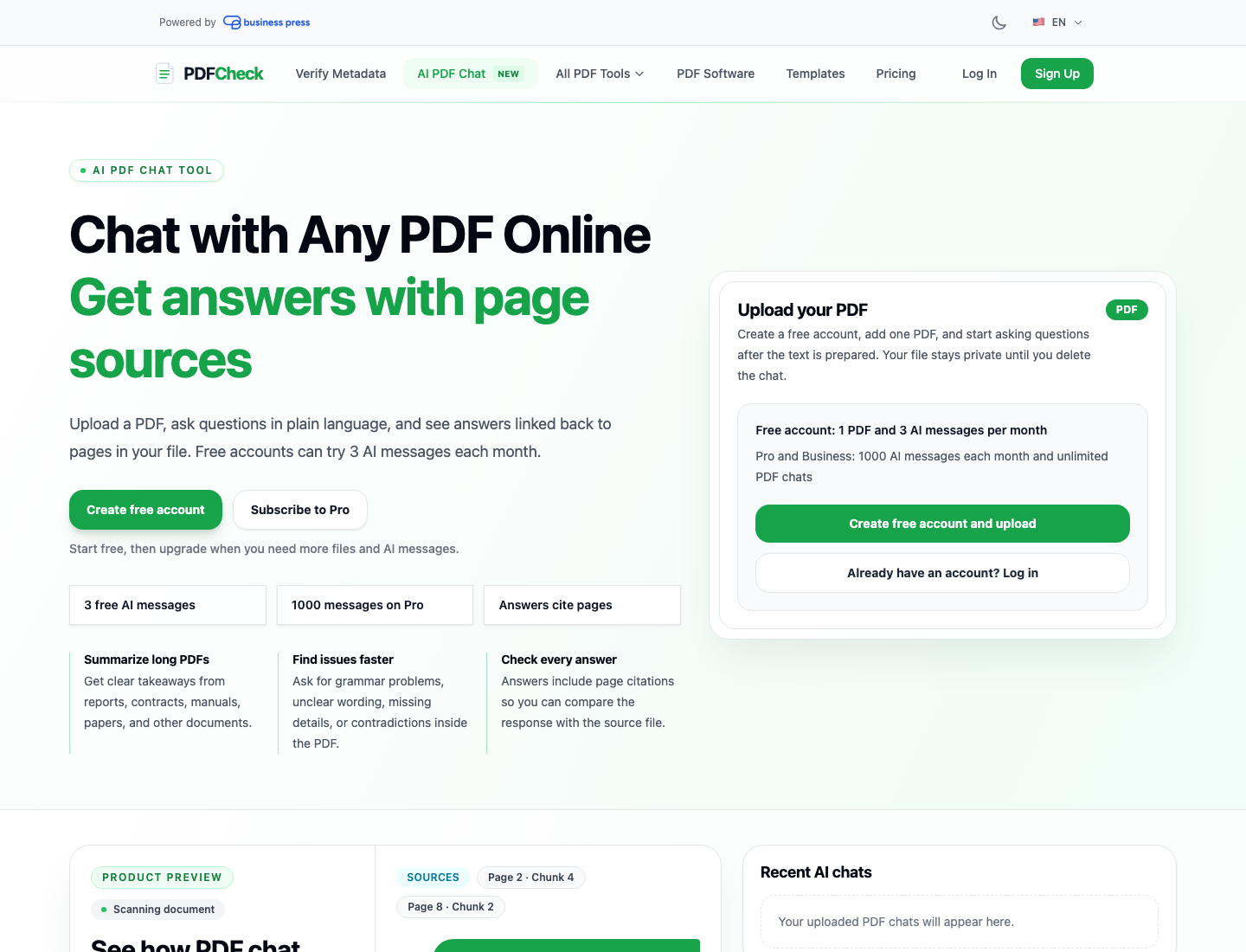 PDFCheck Chat with Any PDF upload workspace with AI prompt suggestions and free account call to action