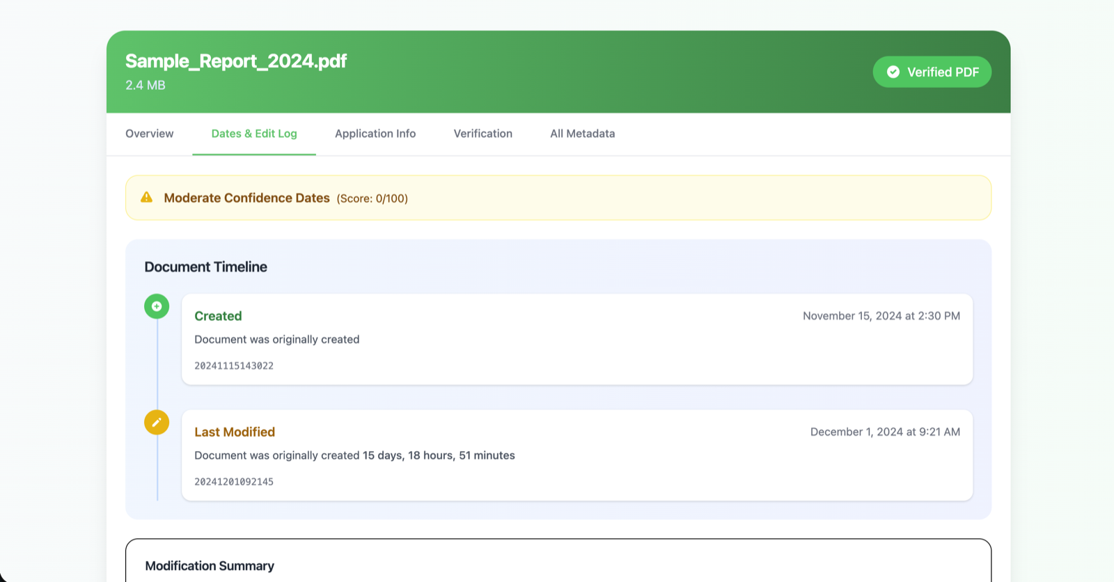 PDFCheck product demo showing a PDF dates and edit log timeline with created and last modified events.