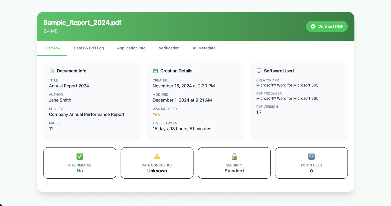 PDFCheck product demo showing a verified PDF overview with document info, creation details, software used, and review cards.